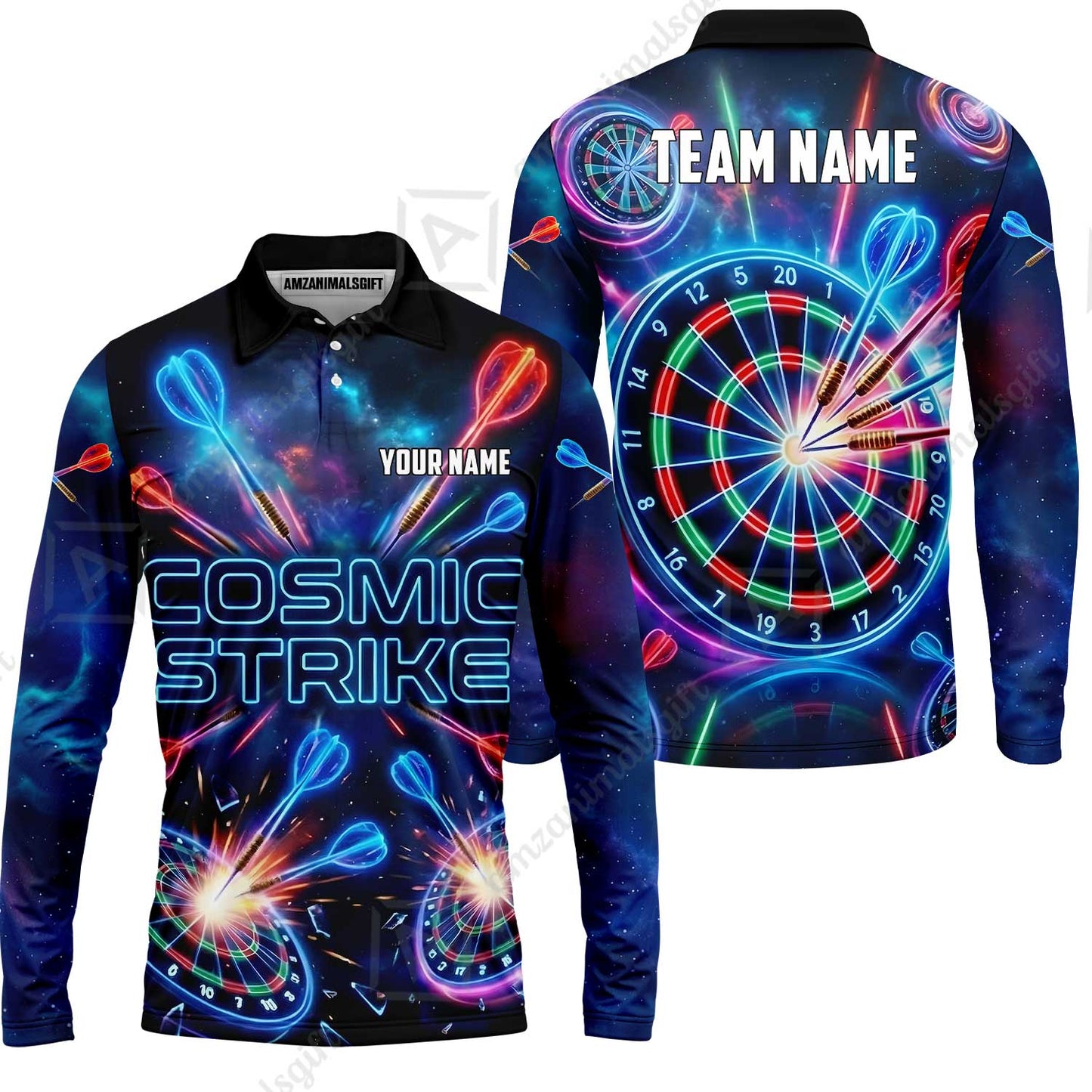 Custom Darts Team Jersey, Personalized Neon Galaxy Strike Darts Polo Shirt For Players With Name & Team Name