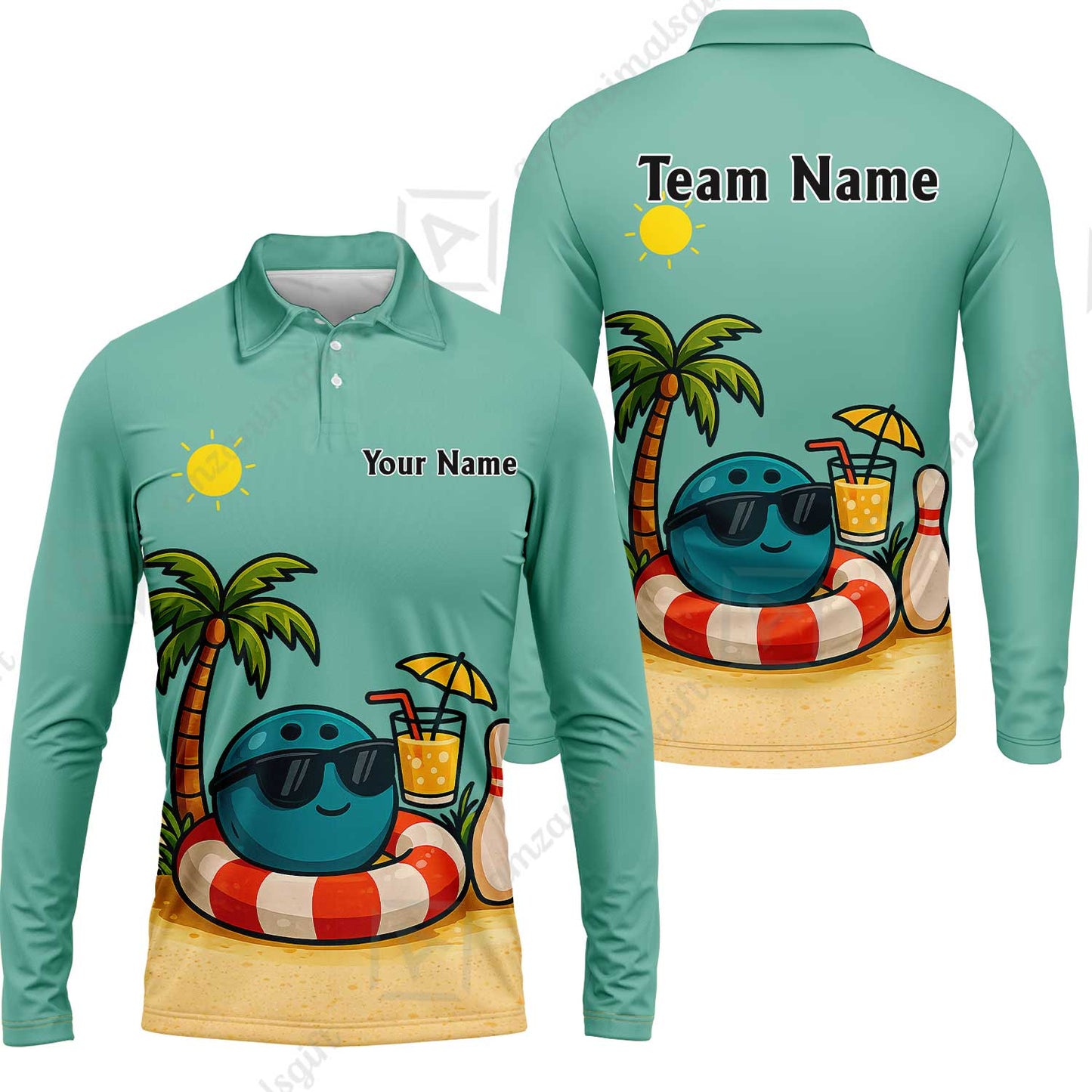 Custom Bowling Polo Shirt, Cute Cartoon Bowling Beach Custom Bowling Polo Team Shirt For Players With Name & Team Name