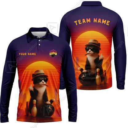 Custom Gangster Cat Bowling Jersey Polo Shirt, Custom Gangster Cat Bowling Jersey Team Shirt For Players With Name & Team Name