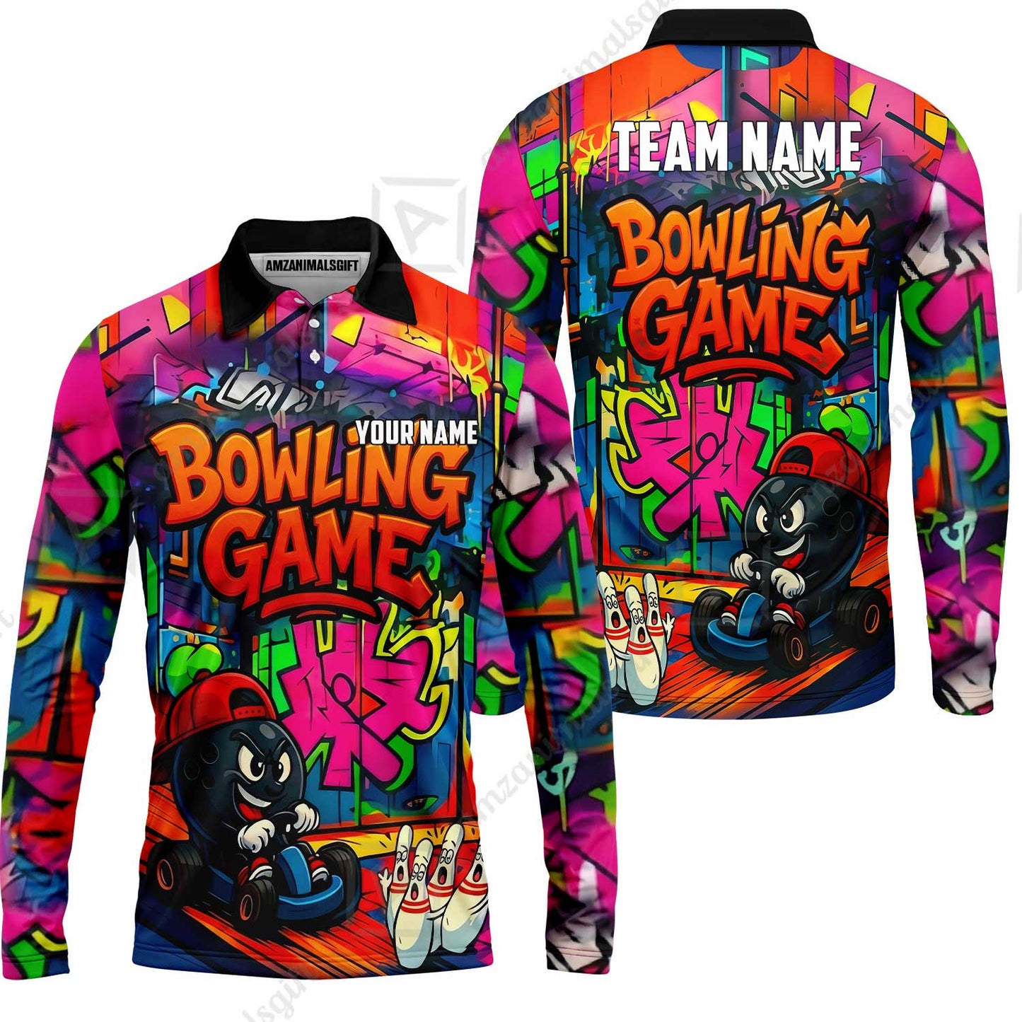Custom Bowling Jersey Polo Shirt, Street Graffiti Go Kart Ball, Custom Bowling Jersey Team Shirt For Players With Name and Team Name