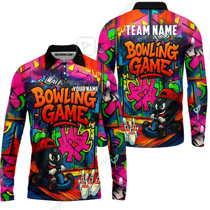 Custom Bowling Jersey Polo Shirt, Street Graffiti Go Kart Ball, Custom Bowling Jersey Team Shirt For Players With Name and Team Name