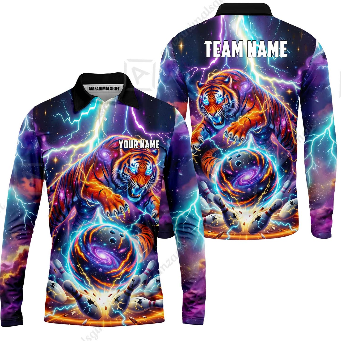 Custom Bowling Jersey Polo Shirt, Galactic Tiger Electric Strike, Custom Bowling Jersey Team Shirt For Players With Name and Team Name