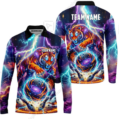 Custom Bowling Jersey Polo Shirt, Galactic Tiger Electric Strike, Custom Bowling Jersey Team Shirt For Players With Name and Team Name