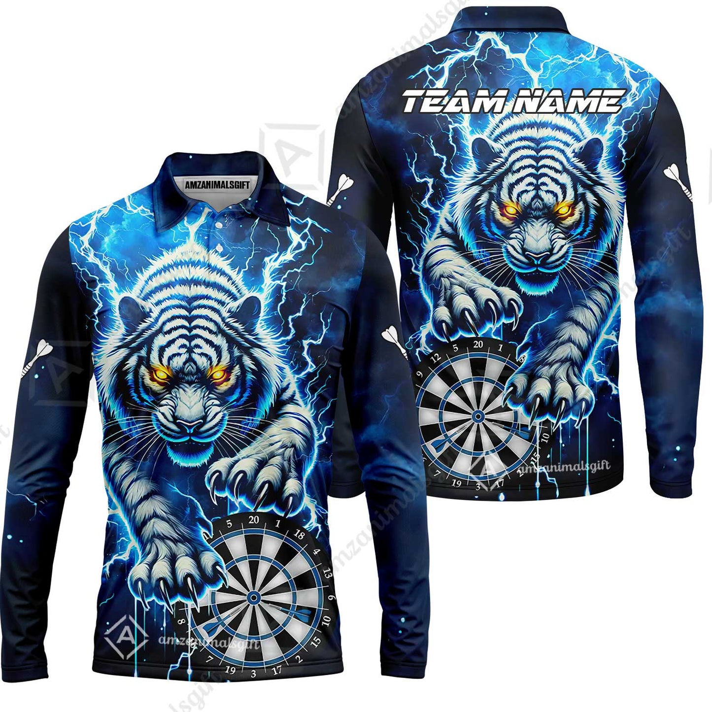 Custom Darts Team Jersey, Thunder Lightning Tiger Darts Jersey Polo Quarter-Zip Shirts, Custom Name And Team Name Darts Uniforms Jersey