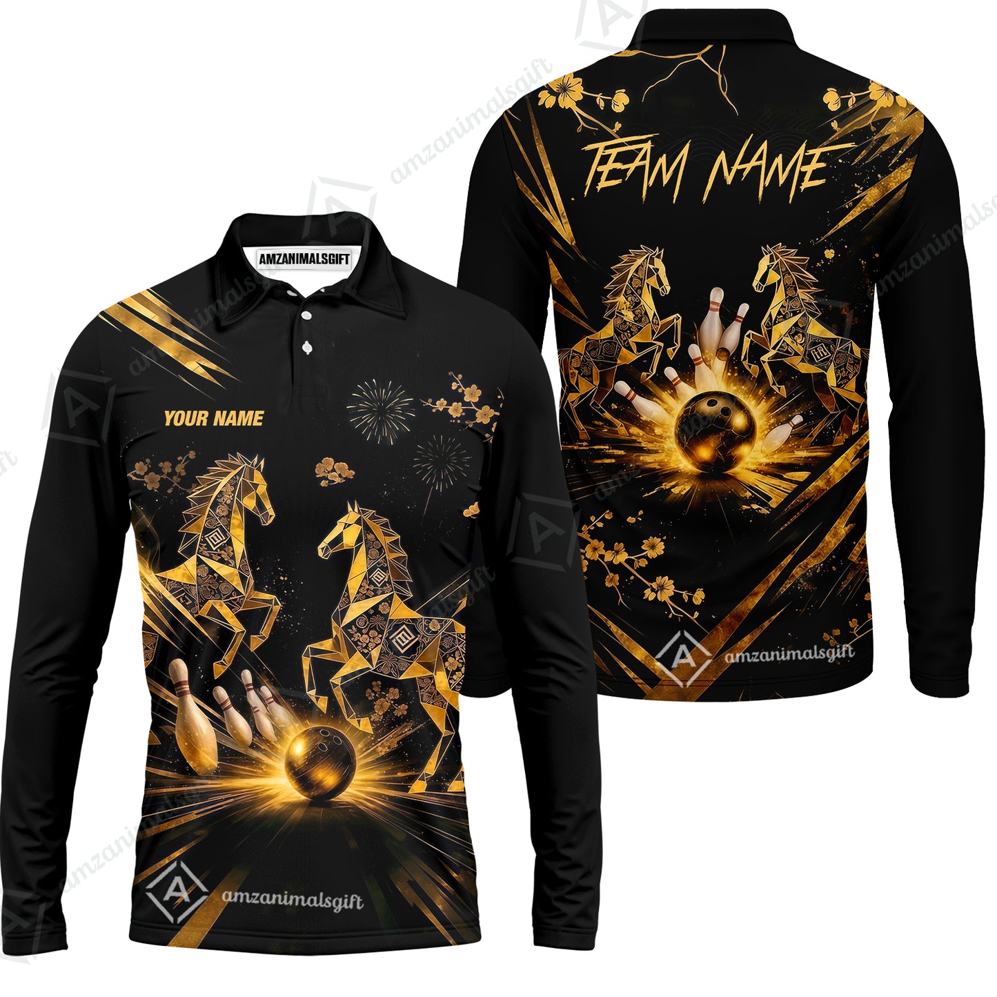 Custom Bowling Jersey Polo Shirt, Black Gold Horse, Custom Bowling Jersey Team Shirt For Players With Name & Team Name