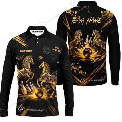 Custom Bowling Jersey Polo Shirt, Black Gold Horse, Custom Bowling Jersey Team Shirt For Players With Name & Team Name