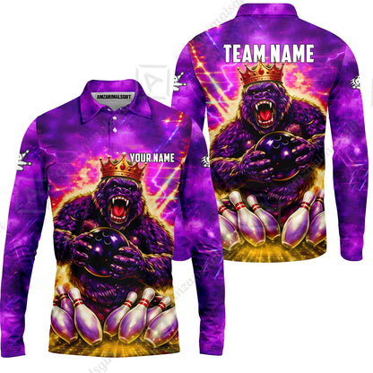 Custom Bowling Jersey Polo Shirt, King Gorilla Holding Bowling Ball, Custom Bowling Jersey Team Shirt For Players With Name & Team Name