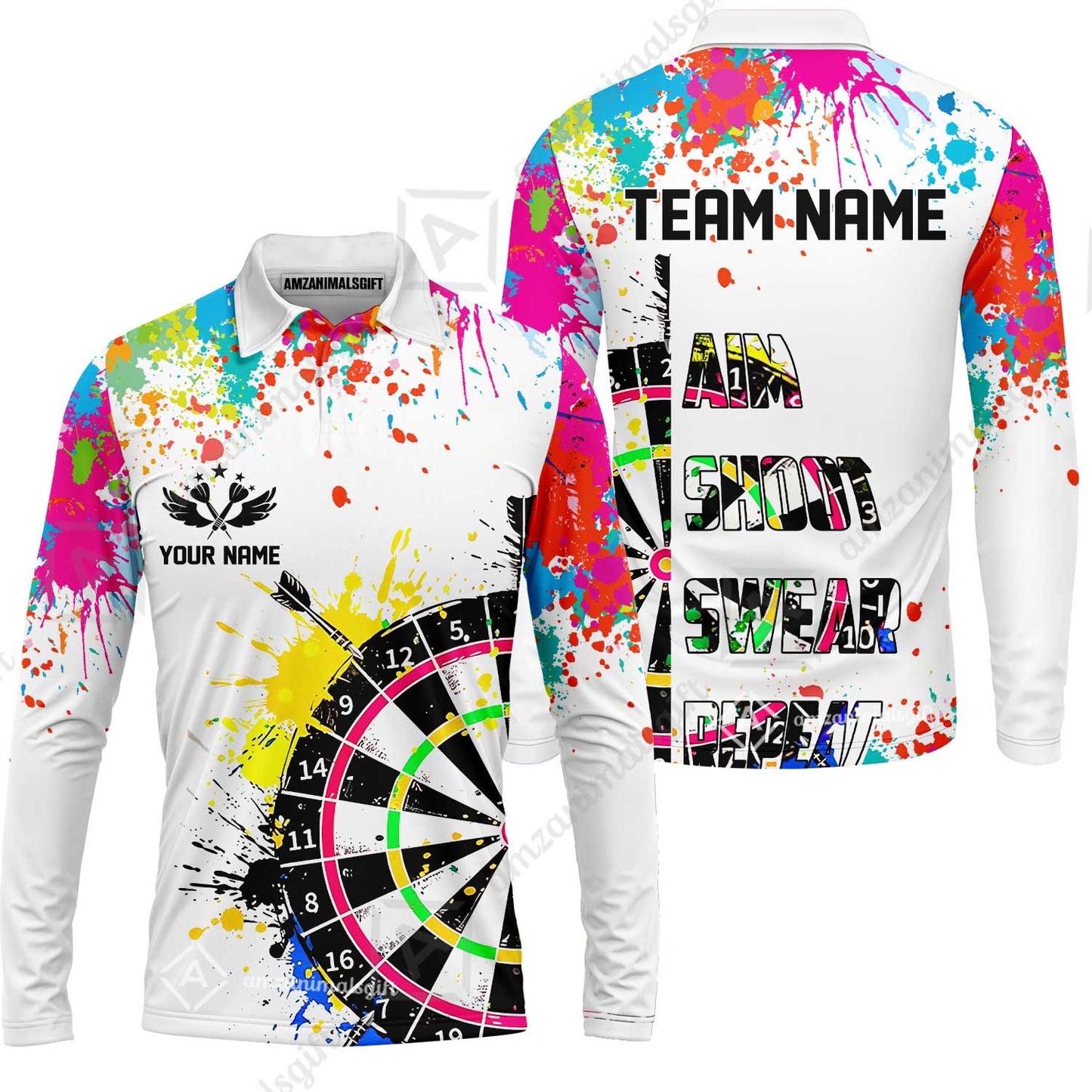Custom Funny Dartboards Colorful Paint Quarter Zip Polo Team Shirts, Custom Aim Shoot Swear Repeat Darts Team Jerseys Uniform - White