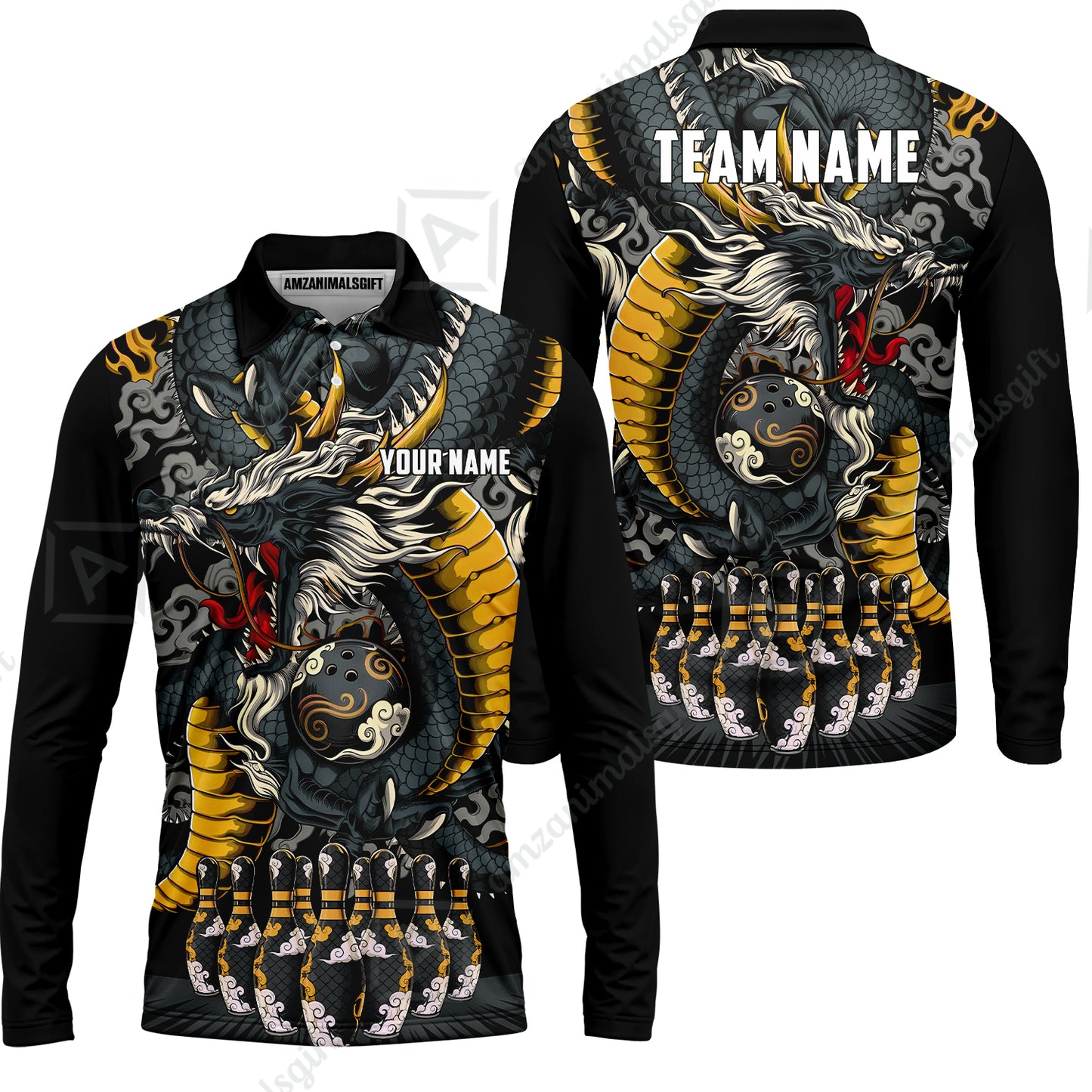 Custom Bowling Jersey Polo Shirt, Oriental Jade Dragon & Classic Clouds, Custom Bowling Jersey Team Shirt For Players With Name & Team Name