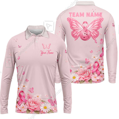 Custom Bowling Jersey Polo Shirt, Pink Butterfly Bowling, Custom Bowling Jersey Team Shirt For Players With Name & Team Name