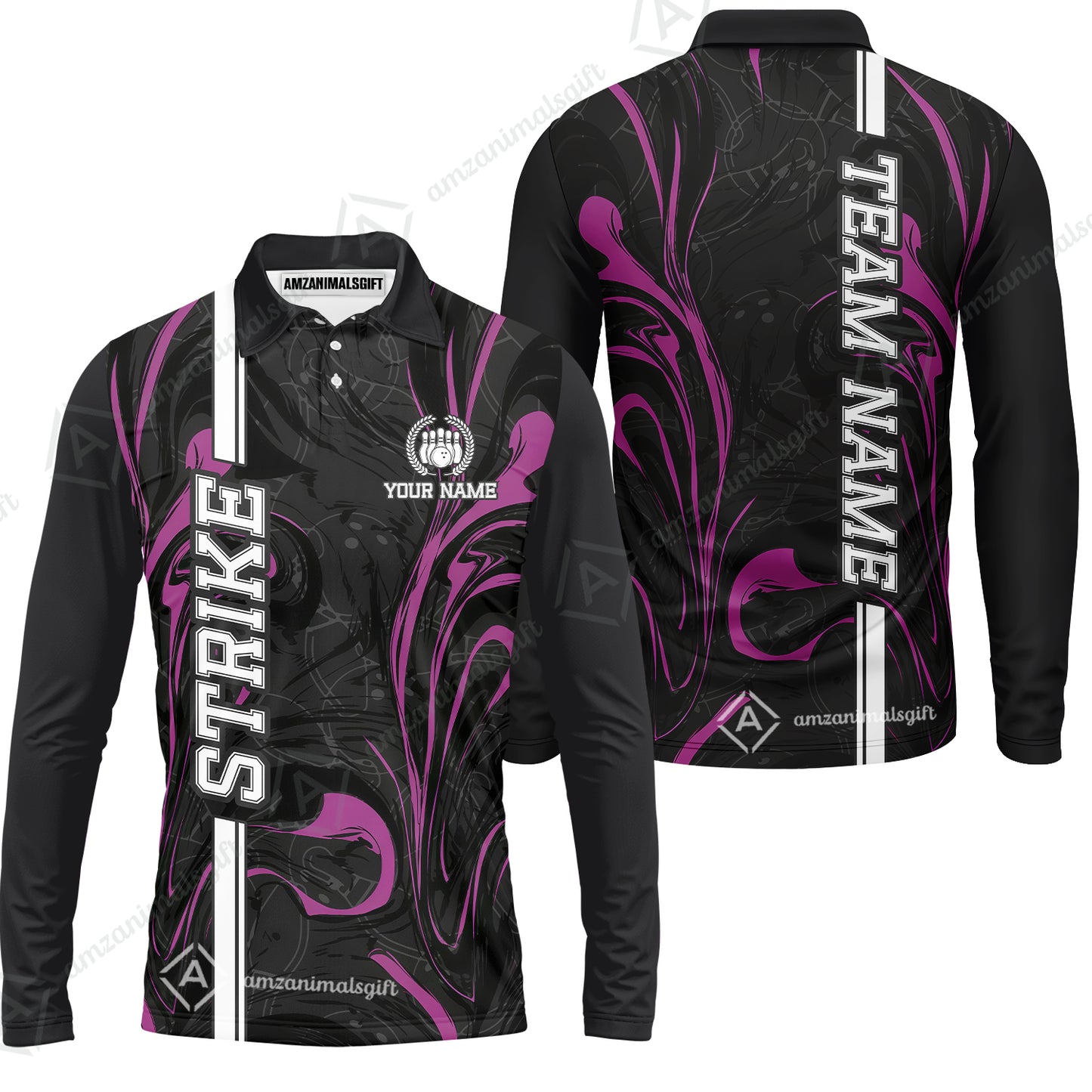 Customized Bowling Unisex Polo Shirt, Bowling Black And Pink Marble Art, Bowling Uniform - Personalized Name And Team Name