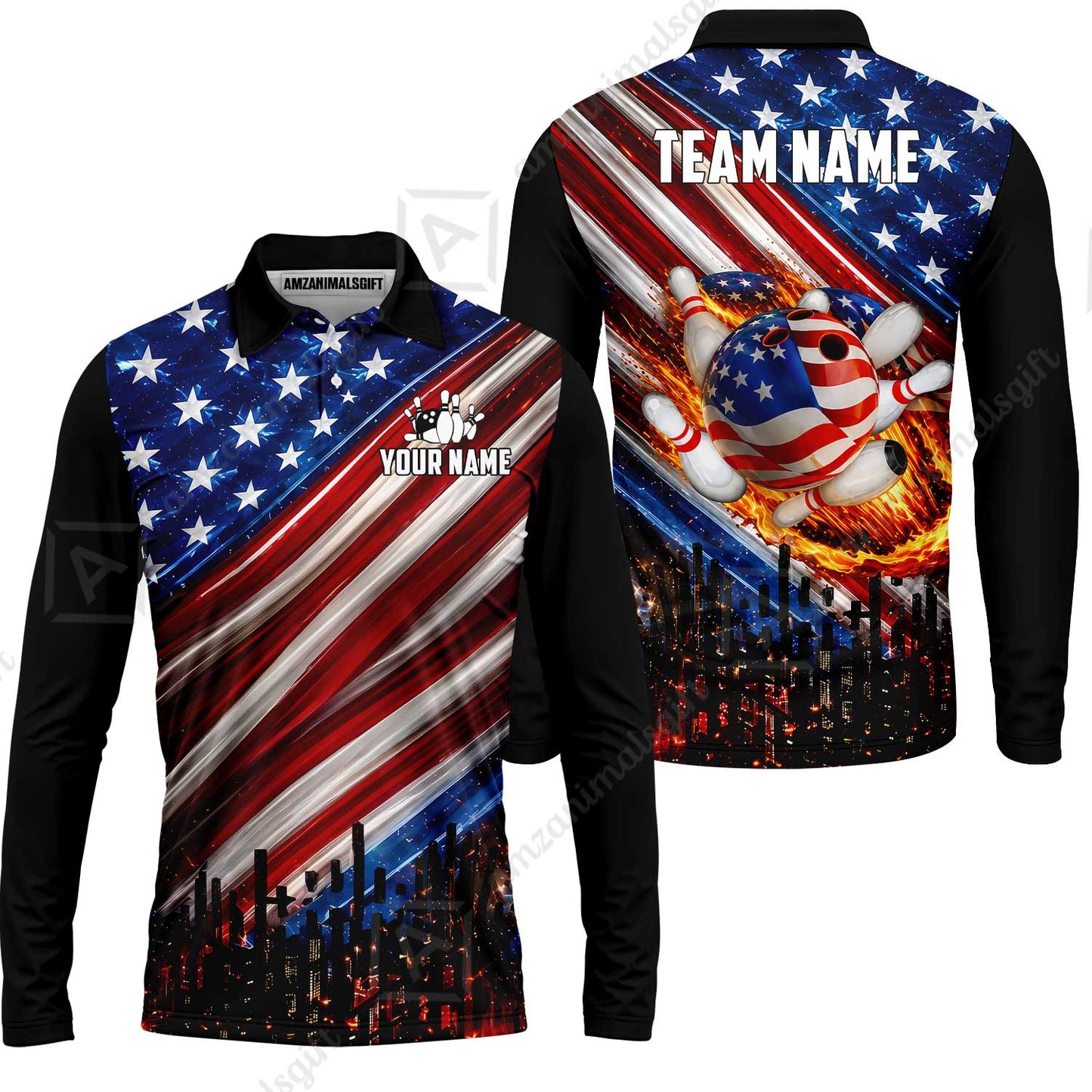 Customized American Flag Flaming Ball Bowling Jersey, Custom Name And Team Name For Bowlers