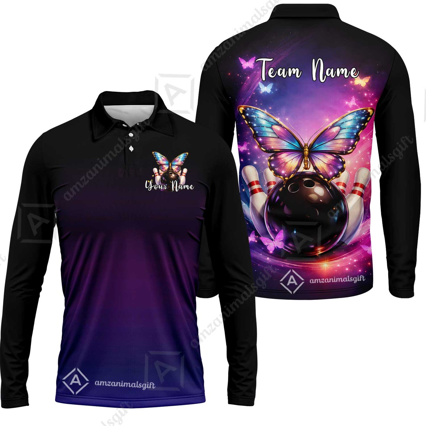 Custom Bowling Polo Shirt, Midnight Butterfly Bowling, Custom Bowling Polo Team Shirt With Name & Team Name