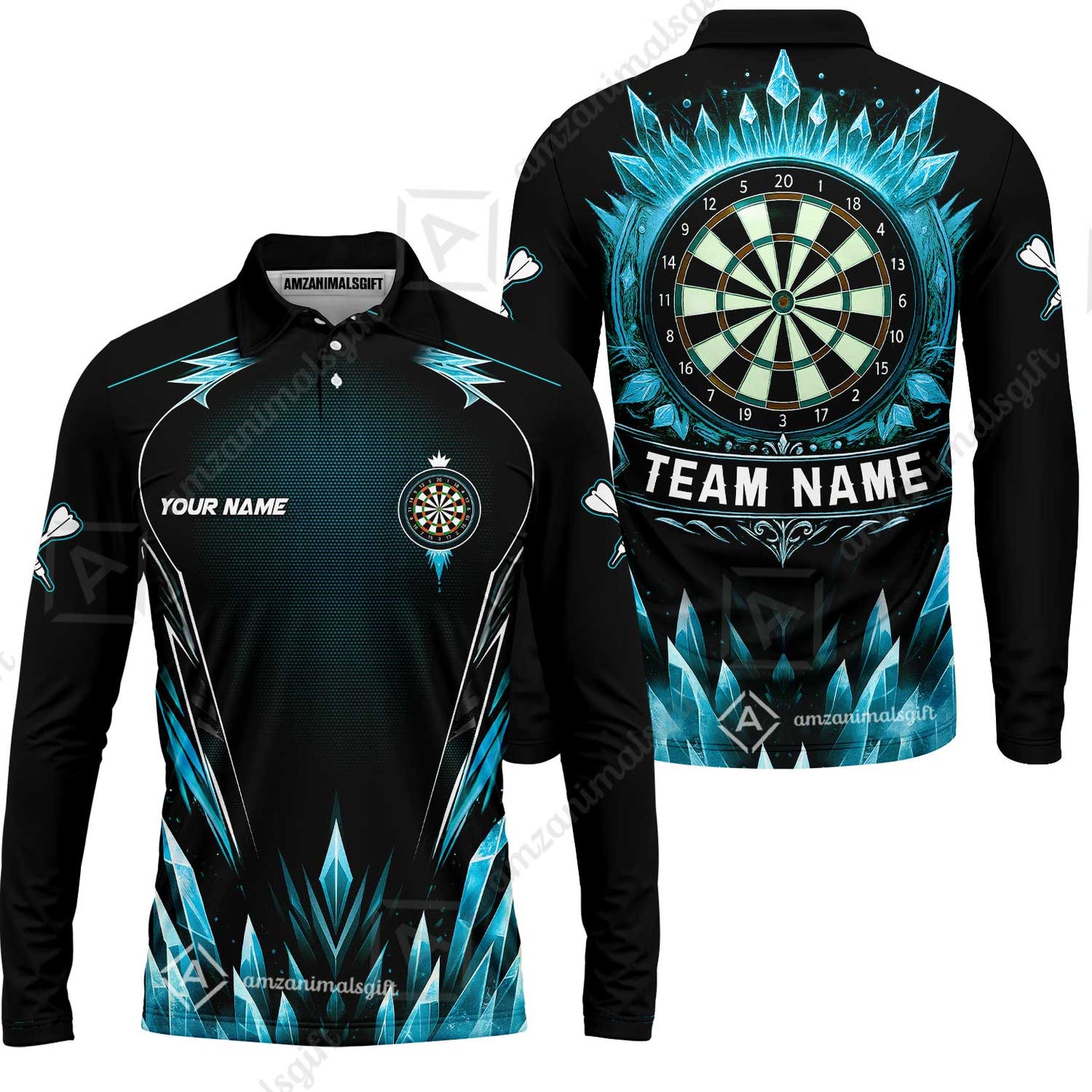 Custom Blue Ice Dartboard Jersey Polo Quarter-Zip Team Shirts, Customized Name Team Name Darts Team Jerseys Uniform