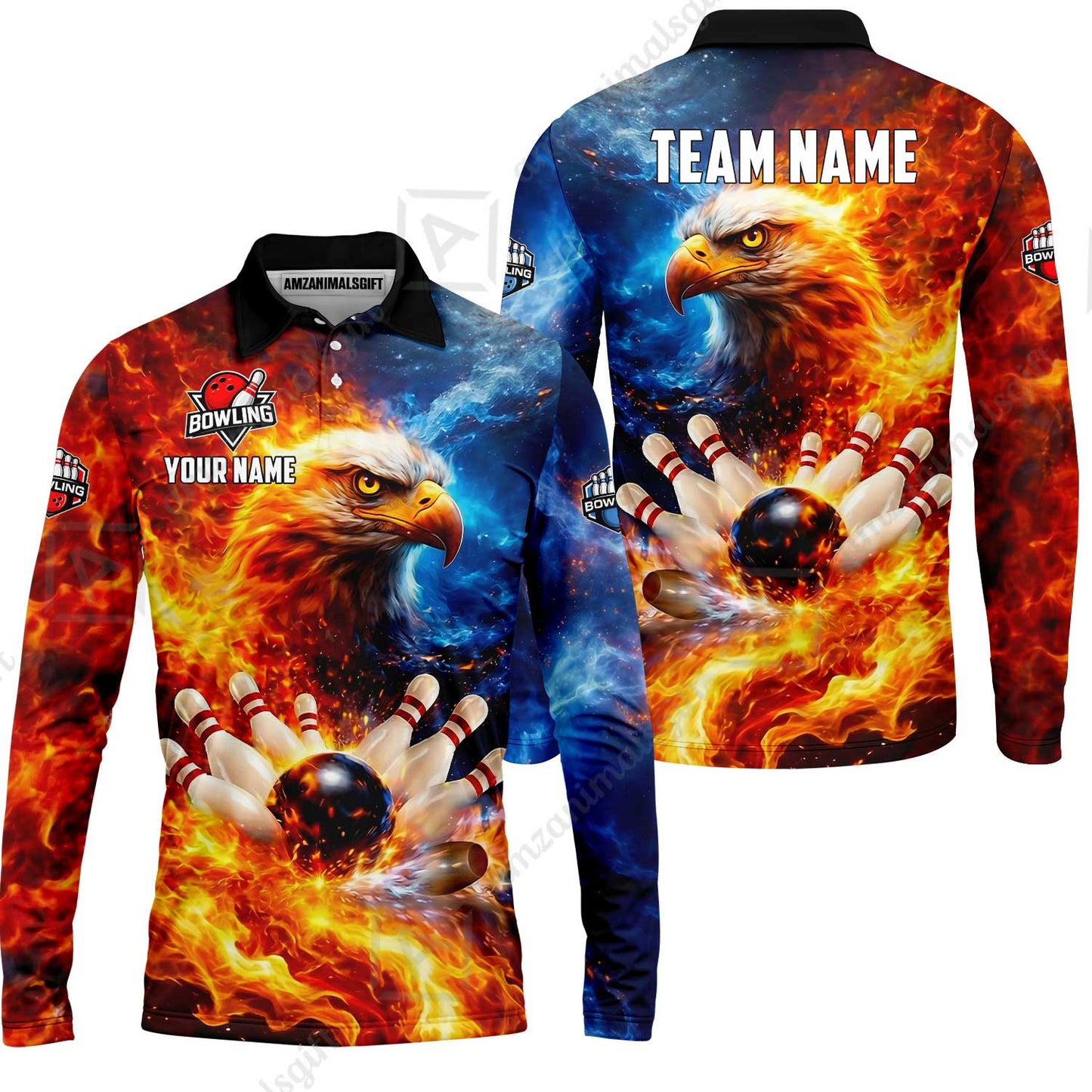 Custom Bald Eagle and Fire Bowling Jersey Polo Shirt, Custom Bald Eagle and Fire Bowling Jersey Team Shirt For Players With Name & Team Name