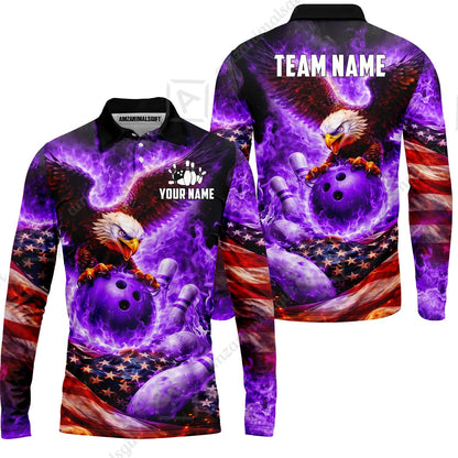 Custom Bowling Jersey Polo Shirt, Patriotic Blue Fire Eagle, Custom Bowling Jersey Team Shirt For Players With Name and Team Name