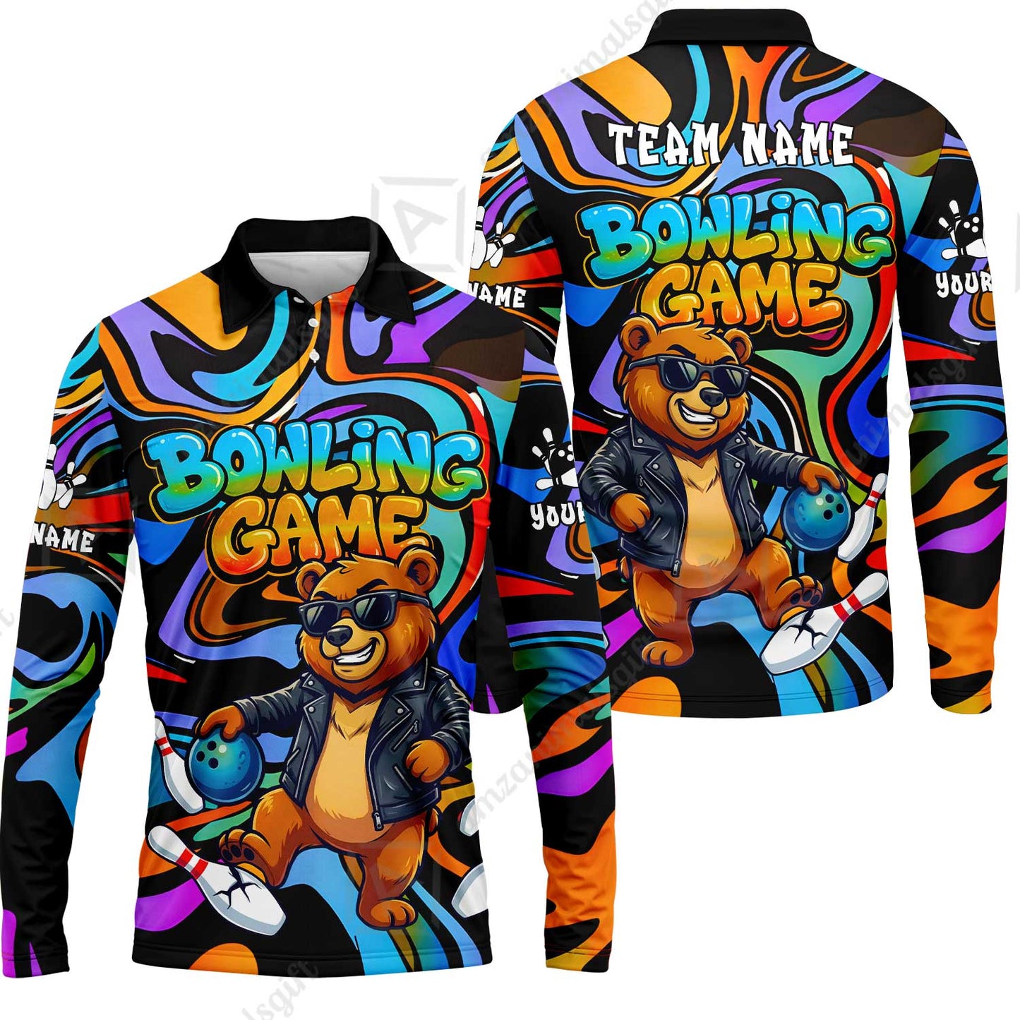 Custom Bowling Jersey Polo Shirt, Trippy Swirl Rocker Bear Graffiti Style, Custom Bowling Jersey Team Shirt For Players With Name & Team Name