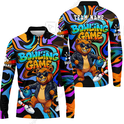 Custom Bowling Jersey Polo Shirt, Trippy Swirl Rocker Bear Graffiti Style, Custom Bowling Jersey Team Shirt For Players With Name & Team Name