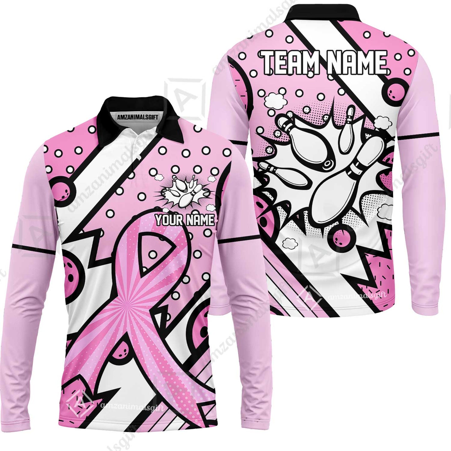 Customized Bowling Team Polo Jersey, Bowling Pink Ribbon Comic Style Uniform Shirt For Bowlers