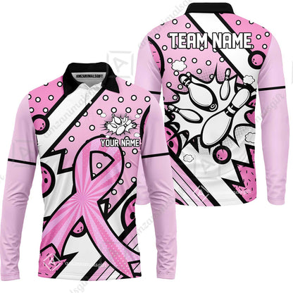 Customized Bowling Team Polo Jersey, Bowling Pink Ribbon Comic Style Uniform Shirt For Bowlers