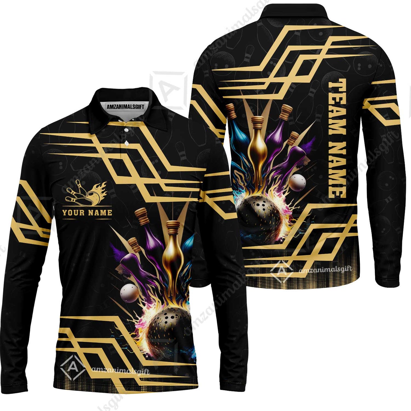 Customized Bowling Unisex Polo, Bowling And Pins Royal Multicolor Option Customized Name And Team Name For Bowling Team