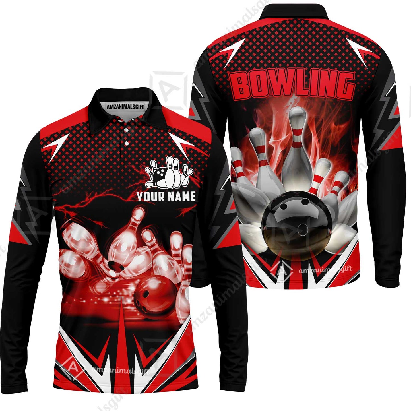 Customized Bowling Red Fire Polo Shirt For Bowling Players, Bowling Team Uniform Shirts, Gift For Men, Bowling Lovers, Bowlers