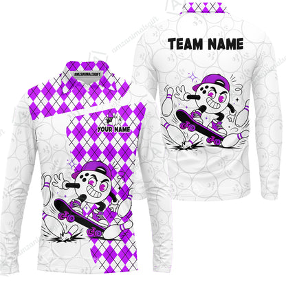 Custom Bowling Jersey Polo Shirt, Skateboarder Bowling Ball Mascot, Custom Bowling Jersey Team Shirt For Players With Name and Team Name