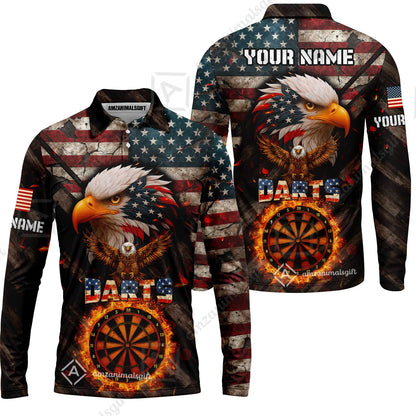Customized American Flag Darts Polo Shirt, Darts Dartboard Fire Flame Eagle Style Jersey Polo Shirt for Darts Players