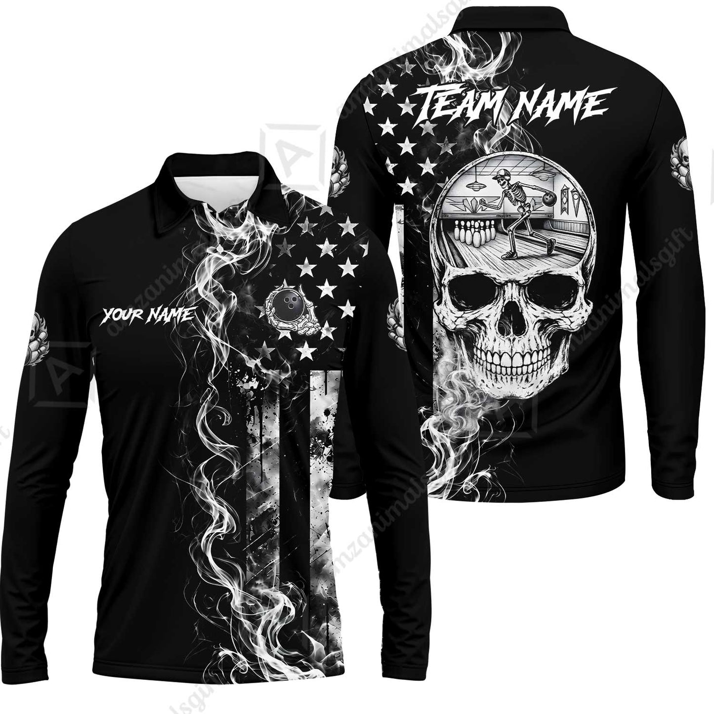 Custom Bowling Jersey Polo Shirt, Gothic Skeleton Skull Strike, Custom Bowling Jersey Team Shirt For Players With Name and Team Name