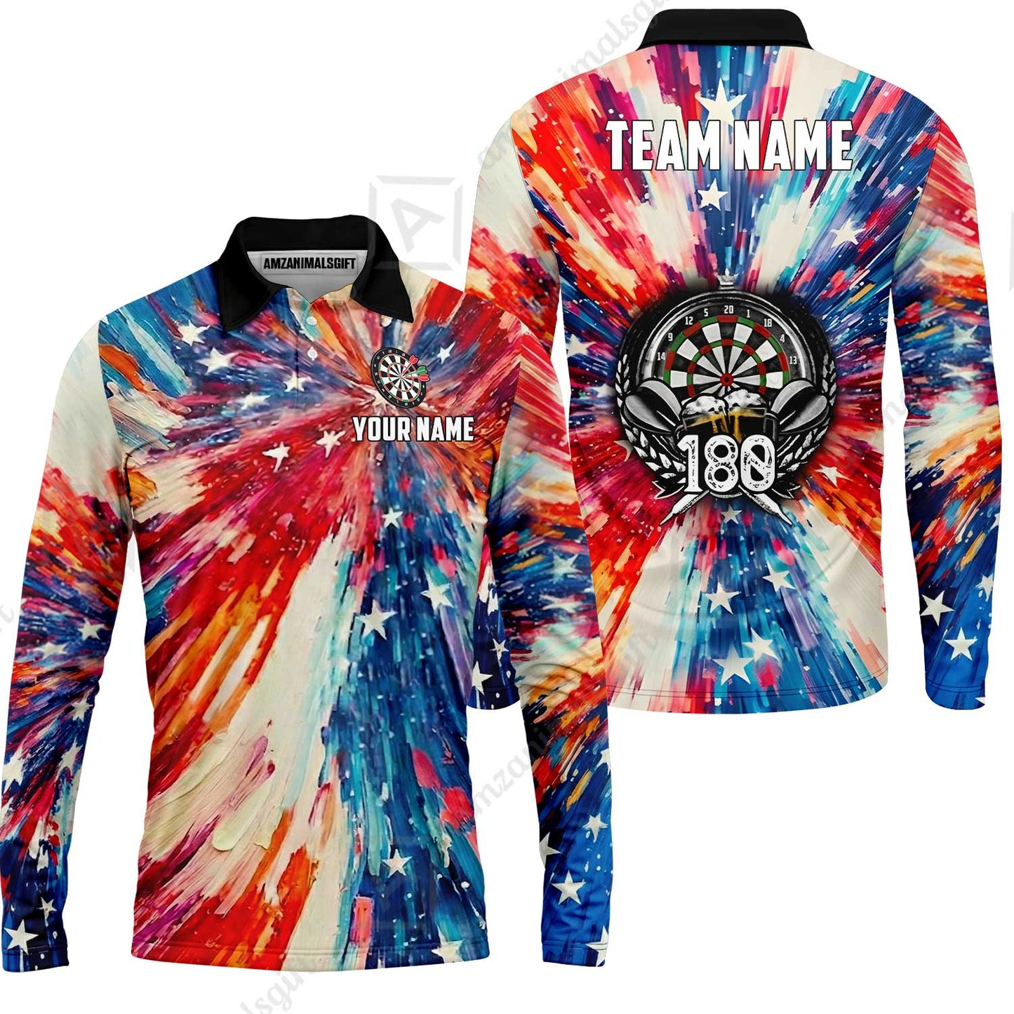 Custom Darts Team Jersey, Personalized 180 Beer USA Color Splash Darts Polo Shirt For Players With Name & Team Name