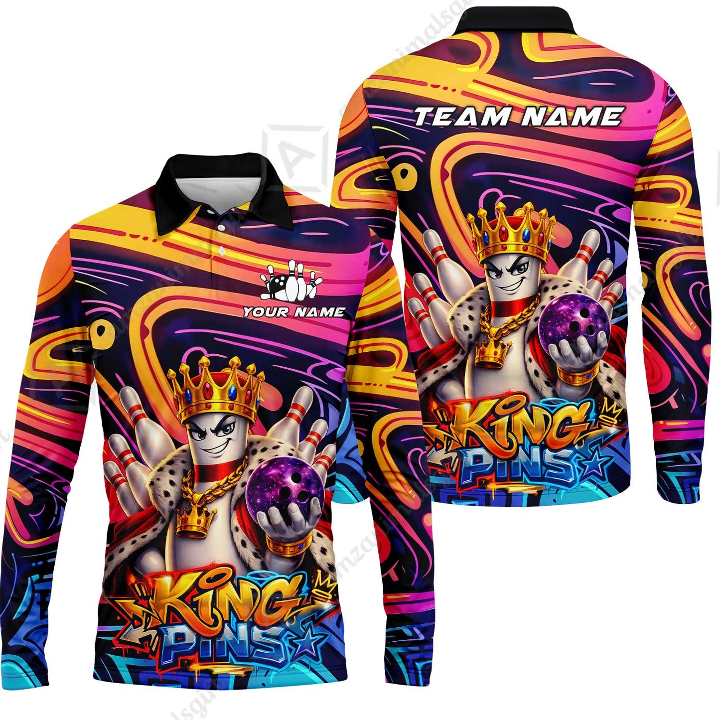 Custom Bowling Jersey Polo Shirt, Psychedelic Graffiti King Pins Mascot, Custom Bowling Jersey Team Shirt For Players With Name and Team Name