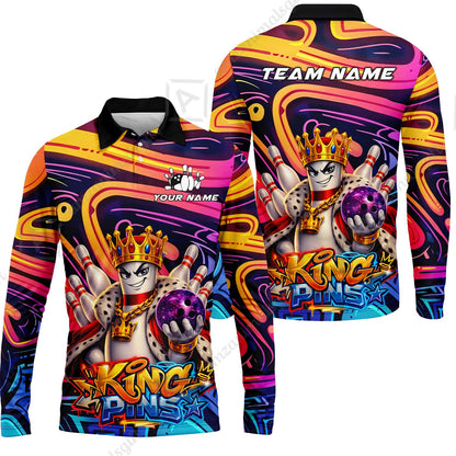 Custom Bowling Jersey Polo Shirt, Psychedelic Graffiti King Pins Mascot, Custom Bowling Jersey Team Shirt For Players With Name and Team Name