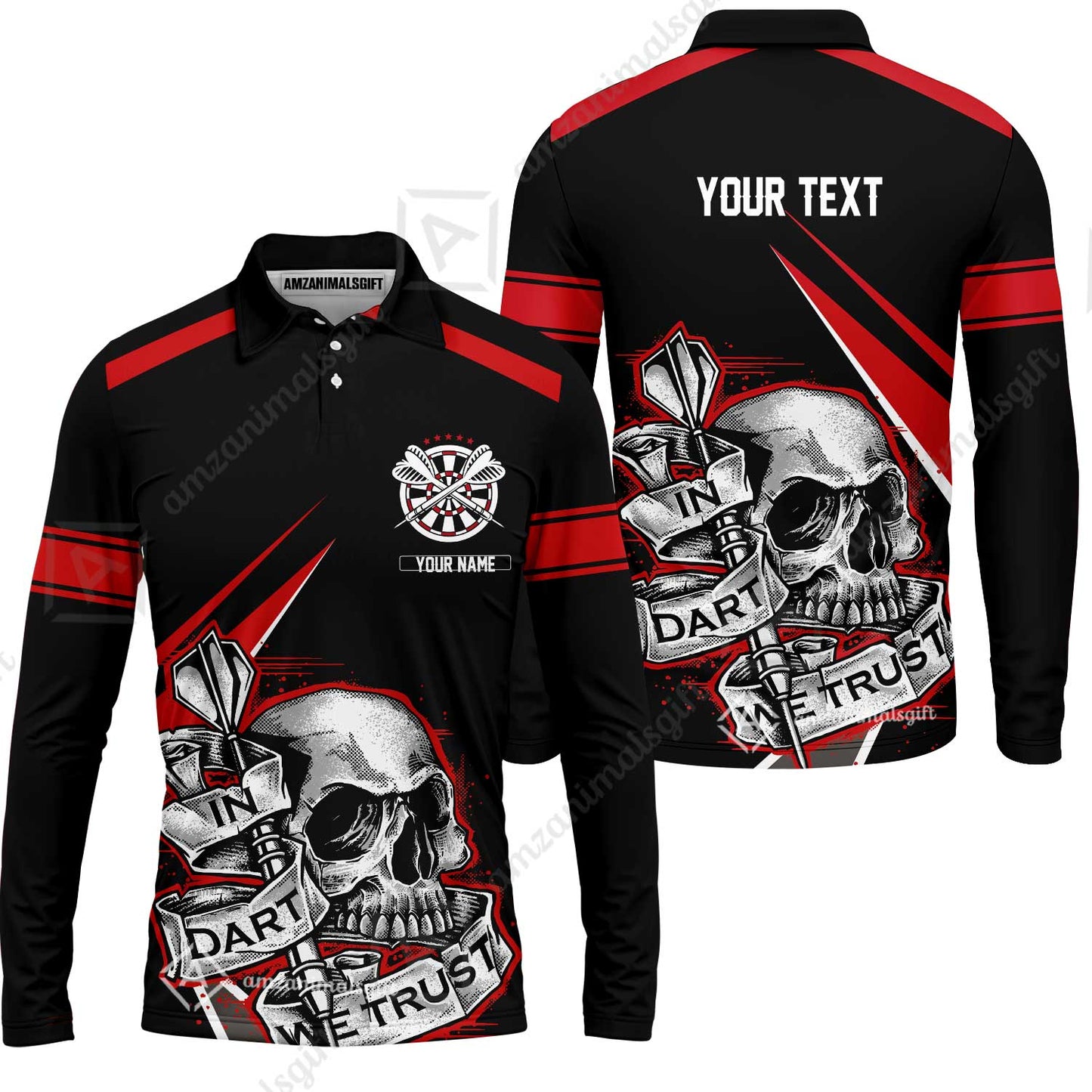 Customized Name & Text Darts Men Polo Shirt, Skull In Darts We Trust Personalized Darts Zip Polo Shirt