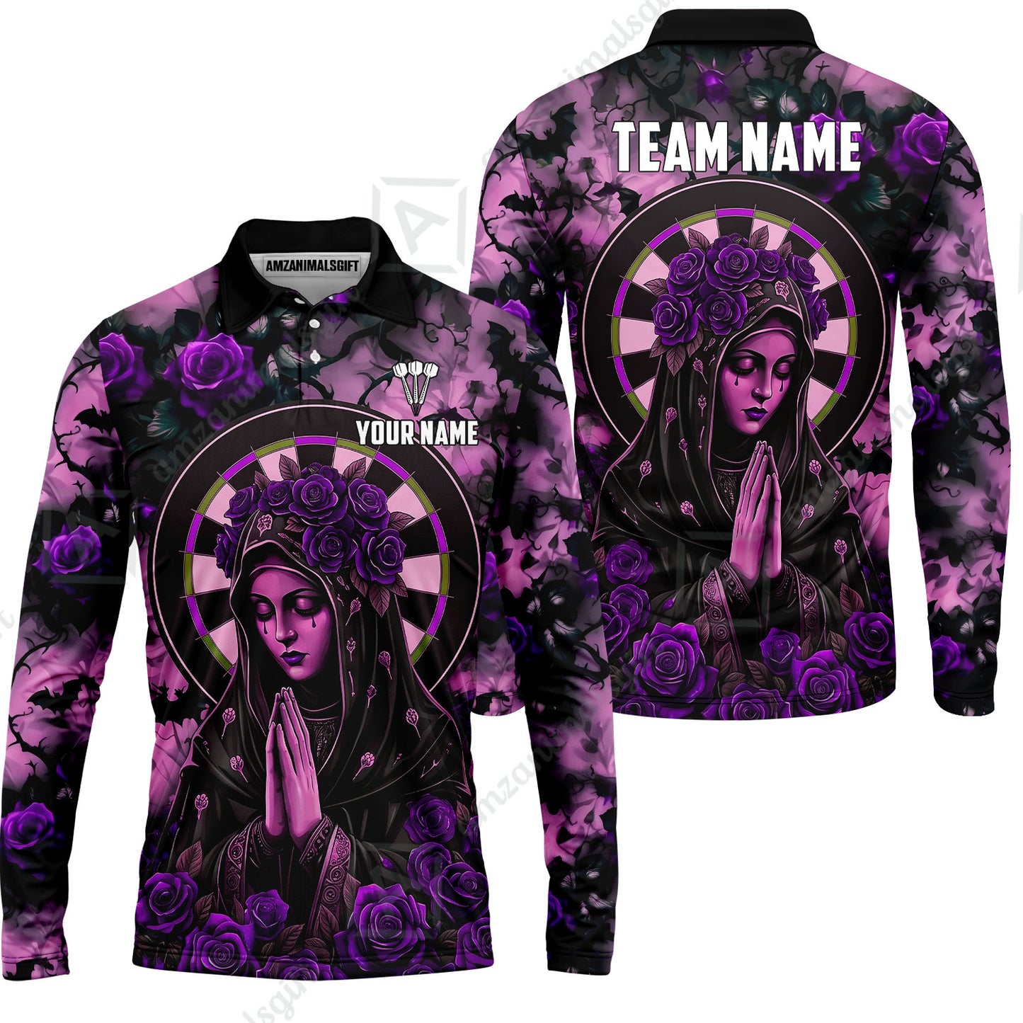 Custom Darts Jersey Polo Shirt, Gothic Madonna And Blue Rose, Custom Dart Jersey Team Shirt For Players With Name & Team Name