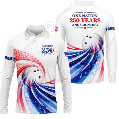Custom Bowling Jersey Polo Shirt, One Nation 250 Years And Counting, Personalize Name and Team Name
