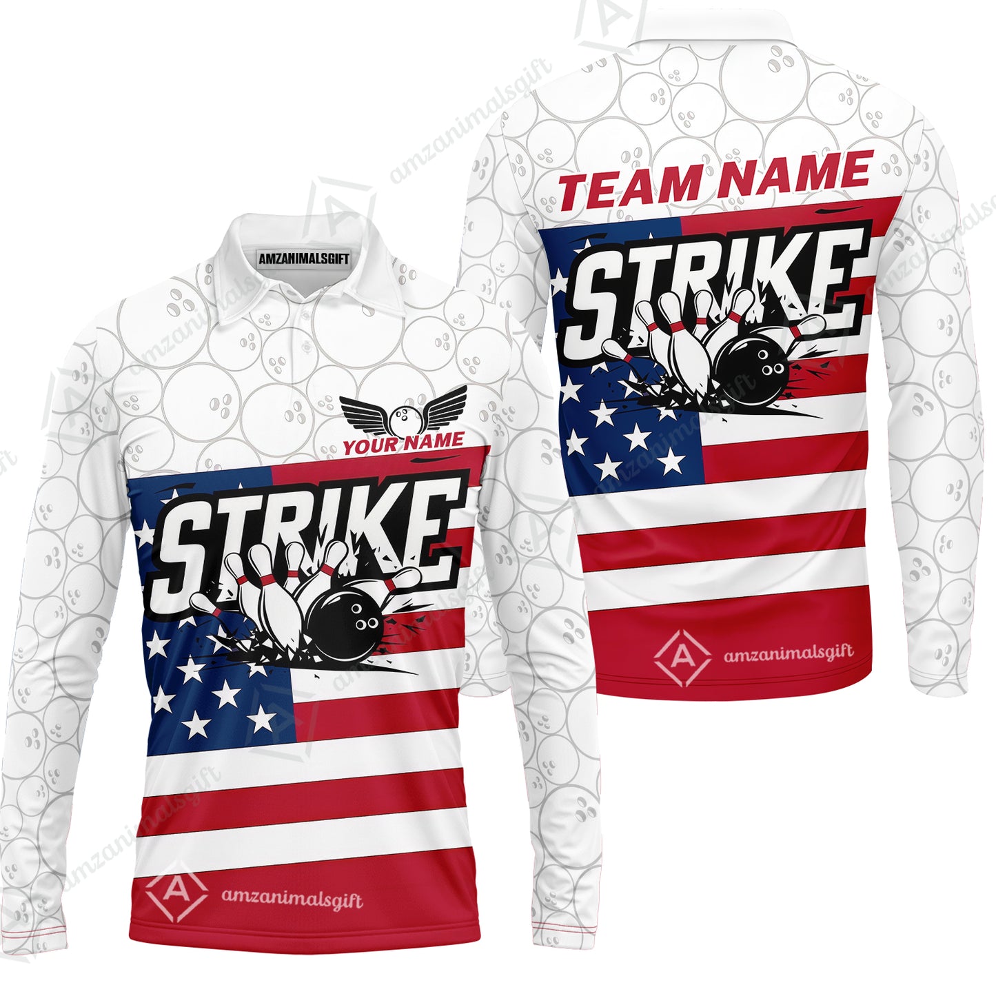 Custom Bowling Jersey Polo Shirt, Classic American Flag Block Strike, Custom Bowling Jersey Team Shirt For Players With Name and Team Name
