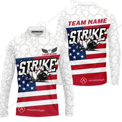 Custom Bowling Jersey Polo Shirt, Classic American Flag Block Strike, Custom Bowling Jersey Team Shirt For Players With Name and Team Name