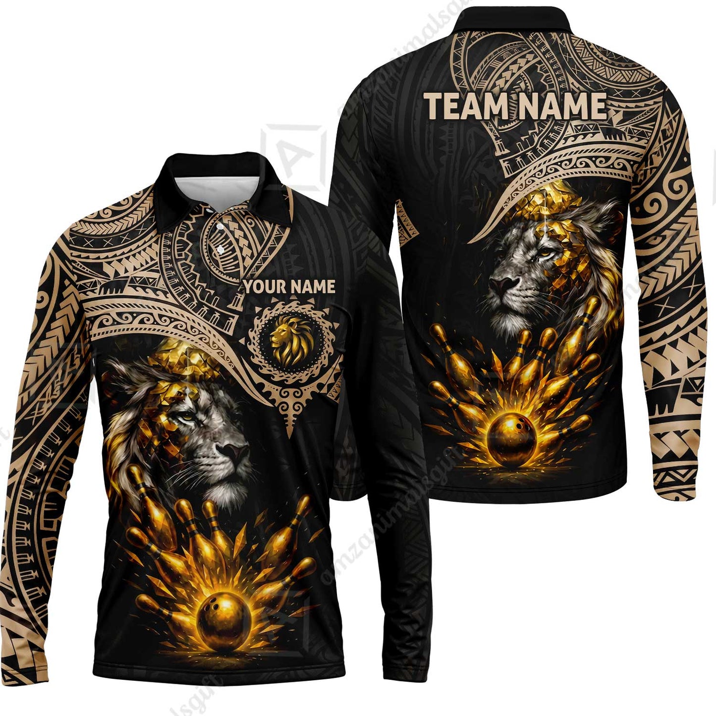 Custom Bowling Jersey Polo Shirt, Regal Golden Tribal Lion, Custom Bowling Jersey Team Shirt For Players With Name and Team Name