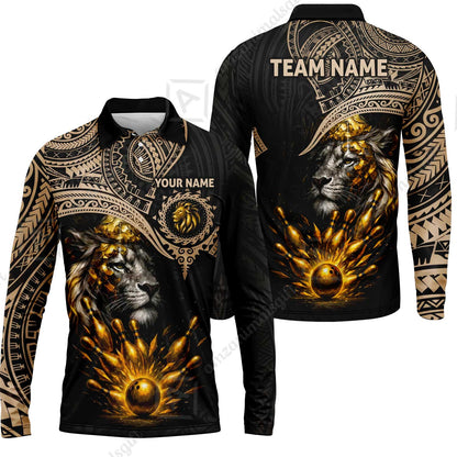 Custom Bowling Jersey Polo Shirt, Regal Golden Tribal Lion, Custom Bowling Jersey Team Shirt For Players With Name and Team Name