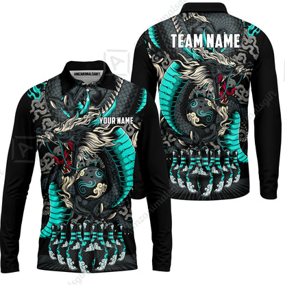 Custom Bowling Jersey Polo Shirt, Oriental Jade Dragon & Classic Clouds, Custom Bowling Jersey Team Shirt For Players With Name & Team Name