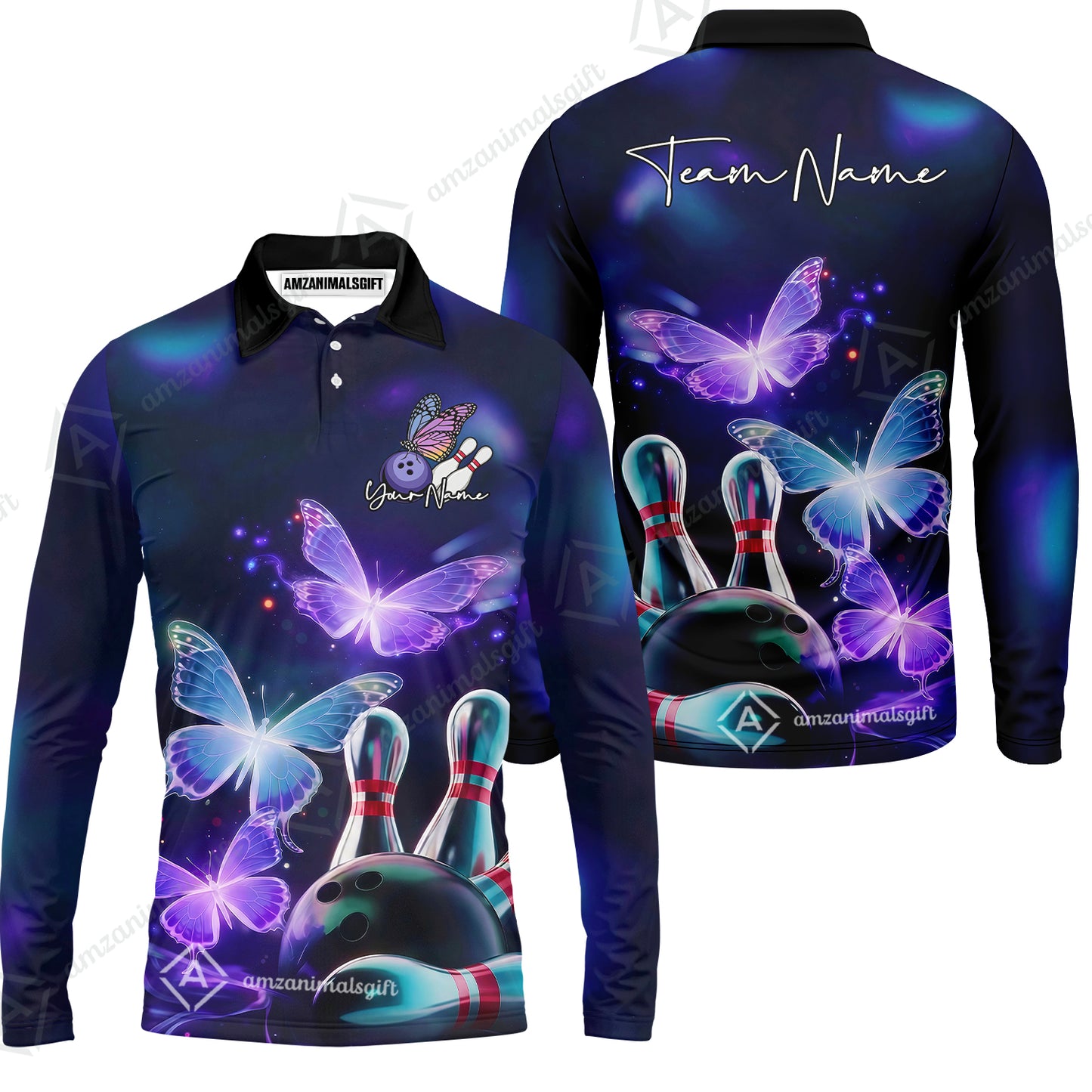 Custom Bowling Jersey Polo Shirt, Neon Butterfly Bowling, Custom Bowling Jersey Team Shirt For Players With Name & Team Name