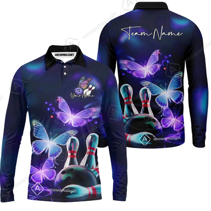 Custom Bowling Jersey Polo Shirt, Neon Butterfly Bowling, Custom Bowling Jersey Team Shirt For Players With Name & Team Name