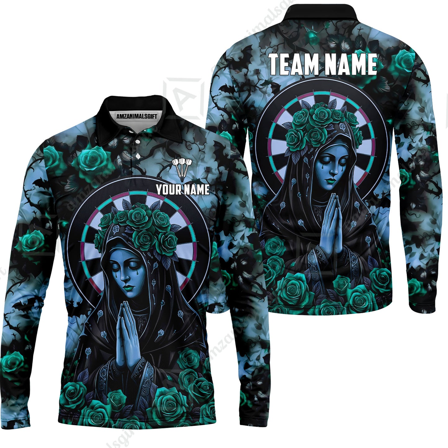 Custom Darts Jersey Polo Shirt, Gothic Madonna And Blue Rose, Custom Dart Jersey Team Shirt For Players With Name & Team Name