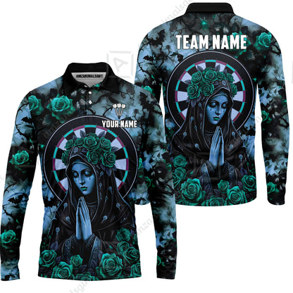 Custom Darts Jersey Polo Shirt, Gothic Madonna And Blue Rose, Custom Dart Jersey Team Shirt For Players With Name & Team Name