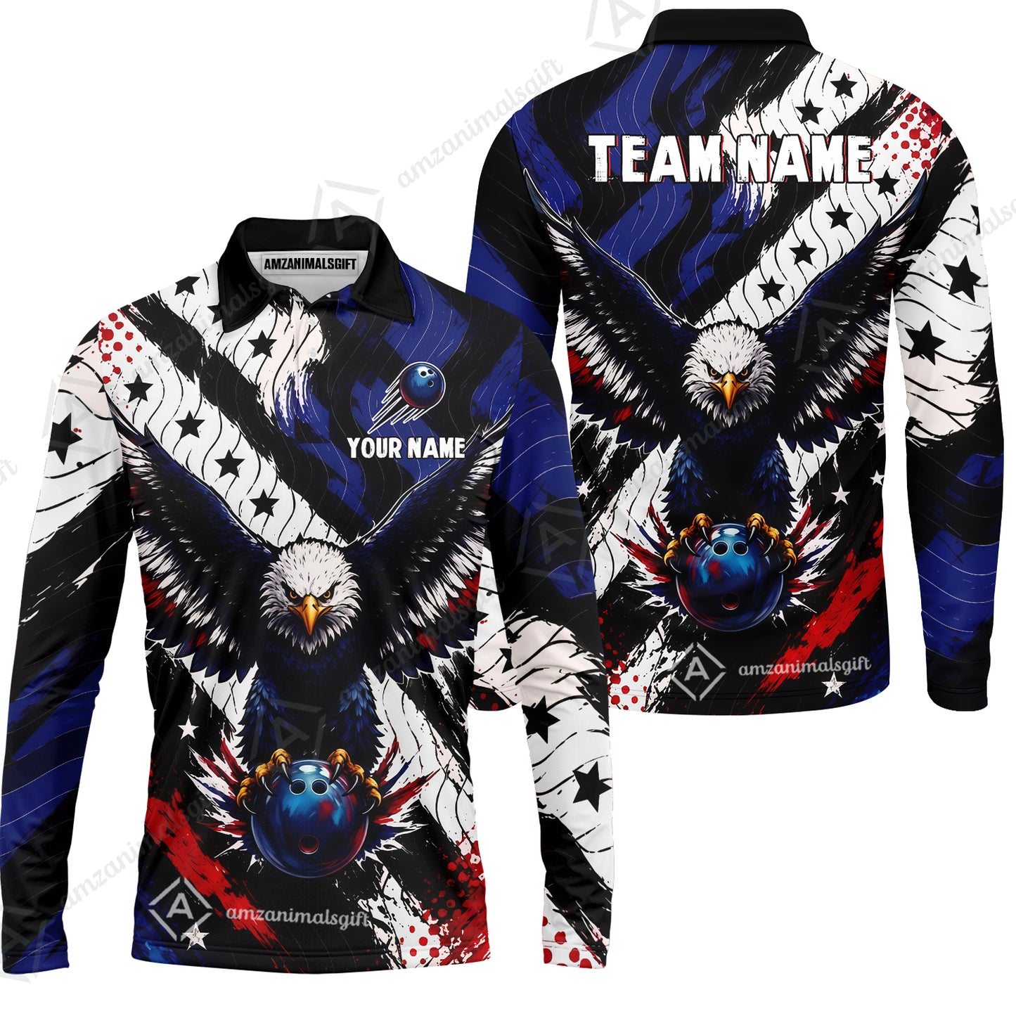 Custom Bowling Jersey Polo Shirt, American Flag And Eagle Hold Bowling Ball, Personalize Name and Team Name