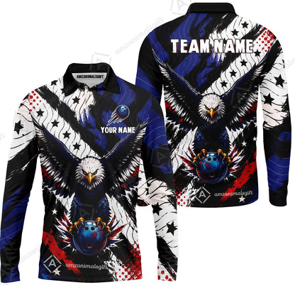 Custom Bowling Jersey Polo Shirt, American Flag And Eagle Hold Bowling Ball, Personalize Name and Team Name