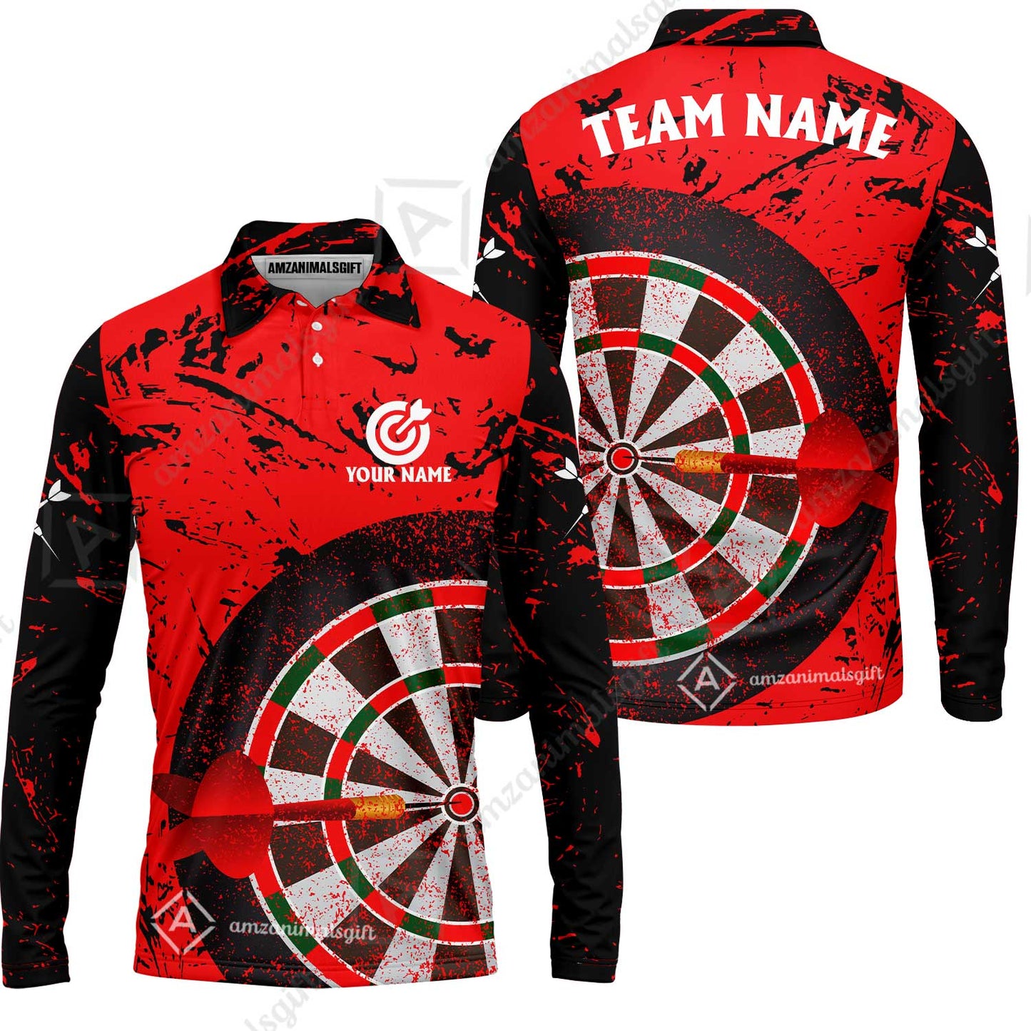 Red Dartboard Pattern Custom Darts Team Jersey Polo Quarter-Zip Shirts, Customized Name Team Name Darts Team Jerseys Uniform