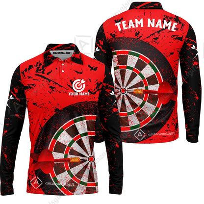 Red Dartboard Pattern Custom Darts Team Jersey Polo Quarter-Zip Shirts, Customized Name Team Name Darts Team Jerseys Uniform