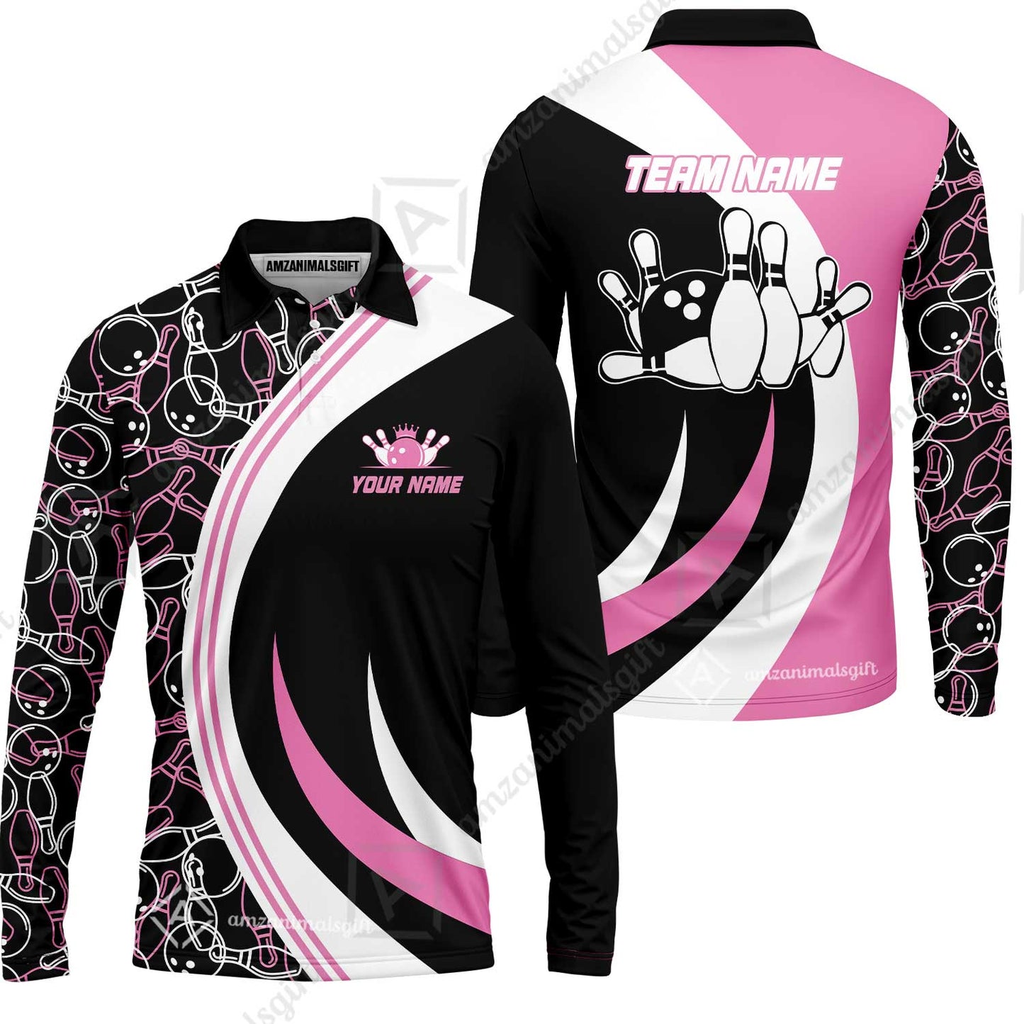 Custom Team Name Black Pink Bowling Team Jersey - Bowling uniforms  Seamless Pattern Bowling Zip Polo Shirts - Uniform Shirt For Bowlers
