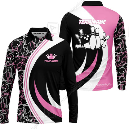 Custom Team Name Black Pink Bowling Team Jersey - Bowling uniforms  Seamless Pattern Bowling Zip Polo Shirts - Uniform Shirt For Bowlers